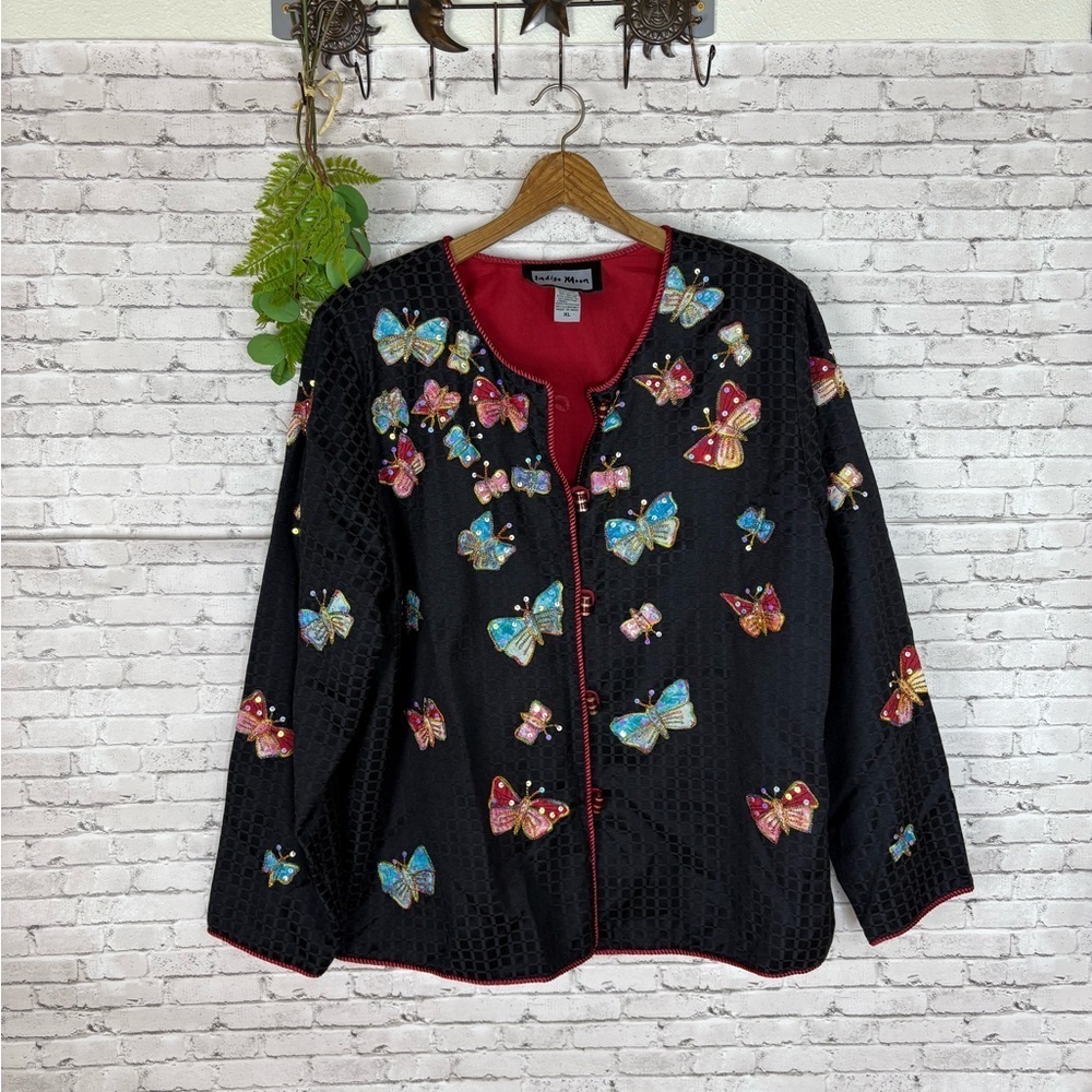 Vintage Indigo Moon Black Butterfly Appliqué Sequin Jacket